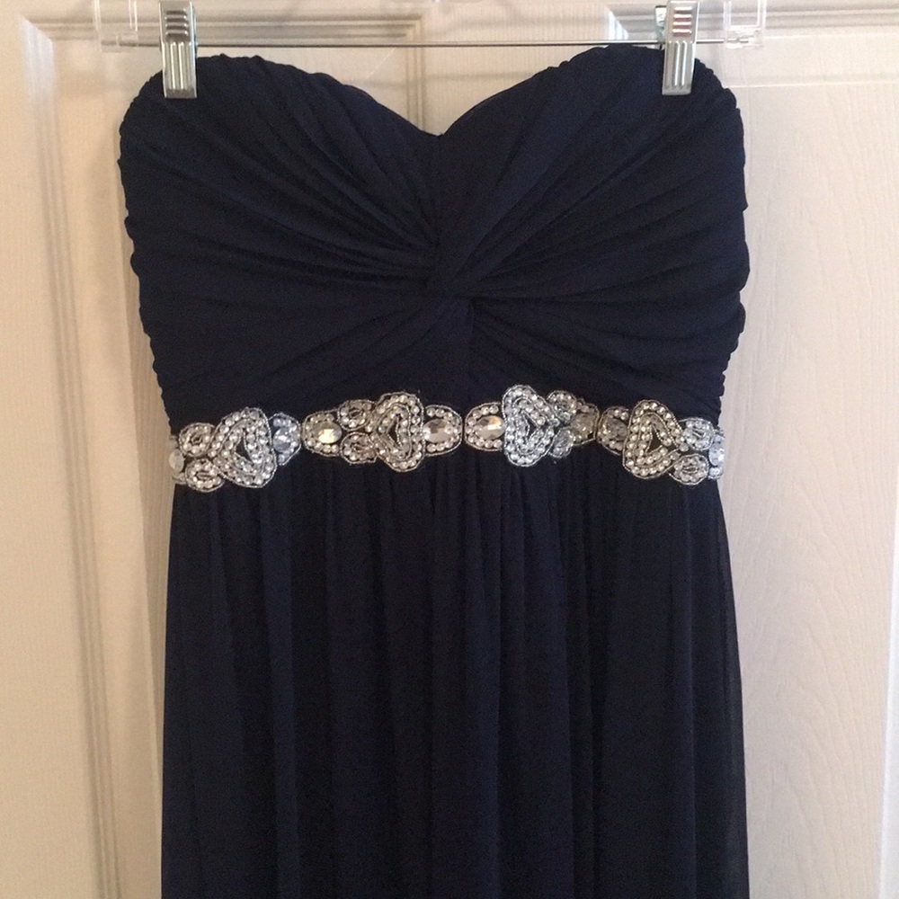 Floor length navy gown with attached beaded belt